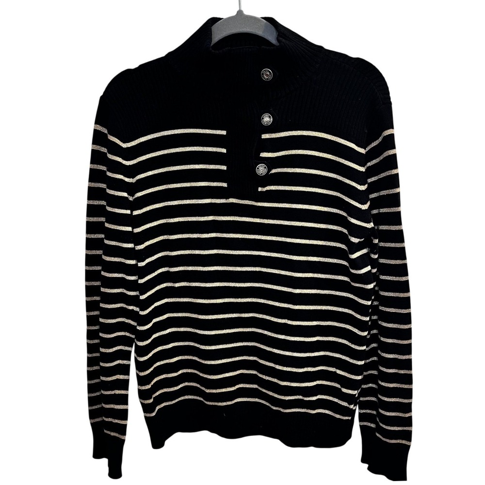 Lauren Ralph Lauren Sweater Womens XL Black Gold Stripe Pullover Button Old Mone